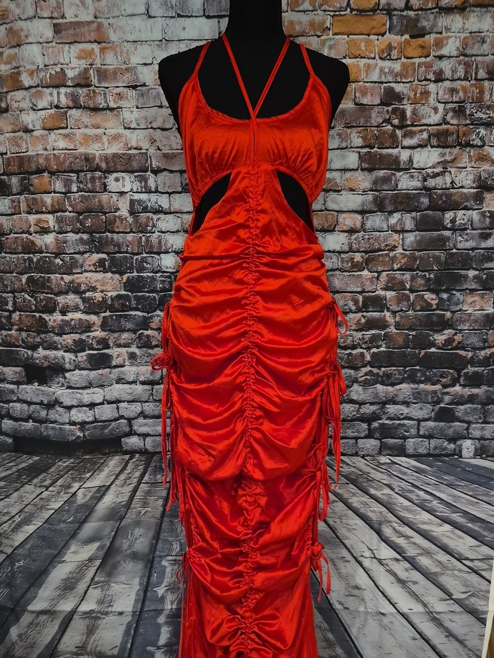 PrettyLittleThing Red Ruched Cutout Maxi Dress
